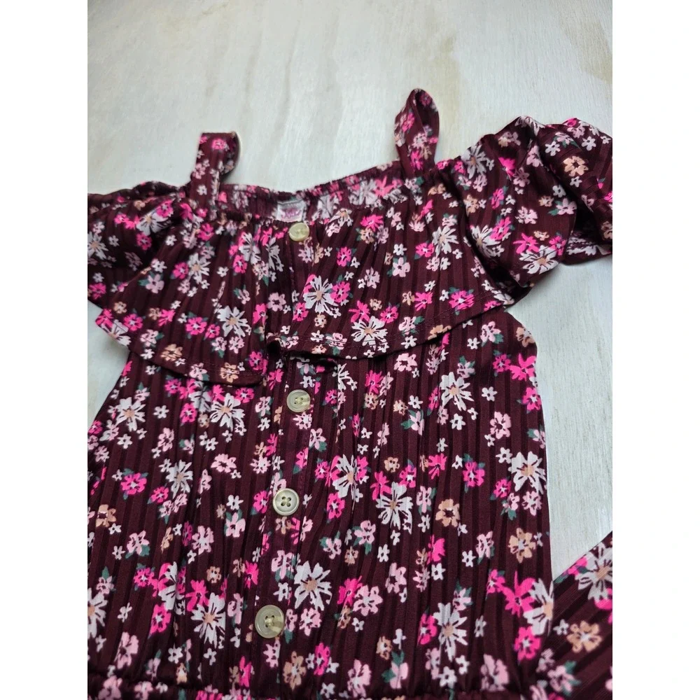 Justice Girls Floral Jumpsuit Burgundy Cold Shoulder Ruffle Wide Leg Size 7/8 S